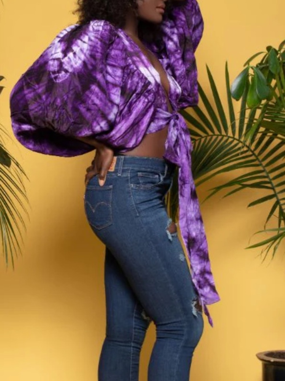 Cee Cees Closet Yellow Tie Dye Funky Wrap Crop Top Dramatic Balloon Sleeves XL - Picture 3 of 13